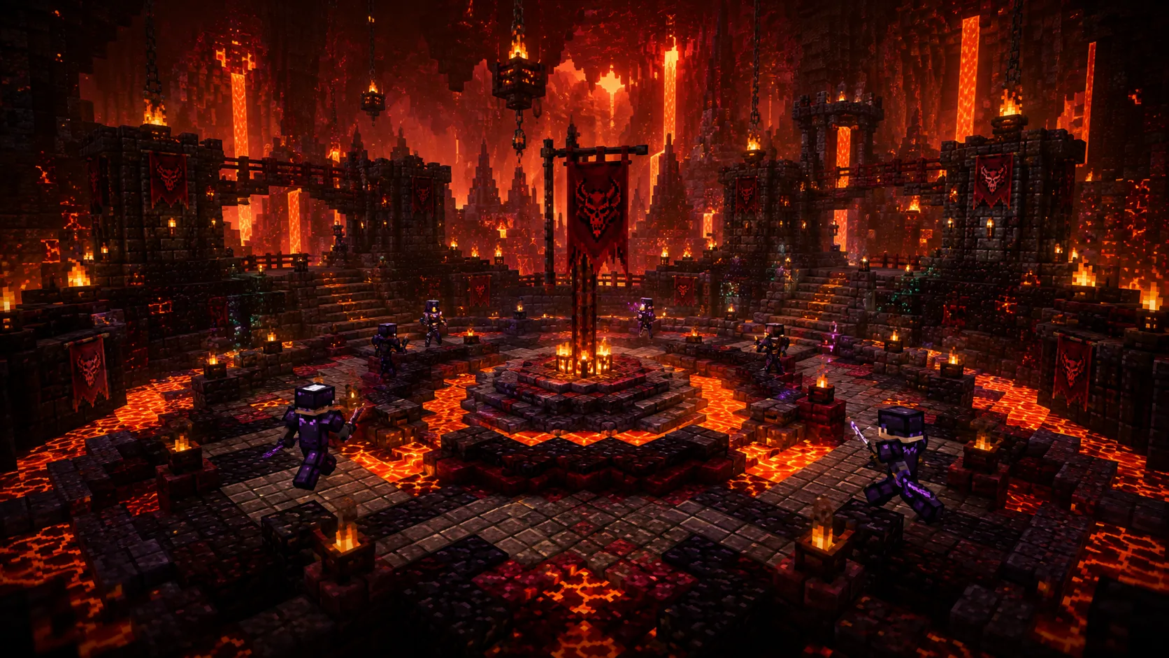 Zone de capture surélevée au centre d'une arène du Nether, surmontée d'une bannière et cernée de lave, vers laquelle convergent des joueurs en armure.