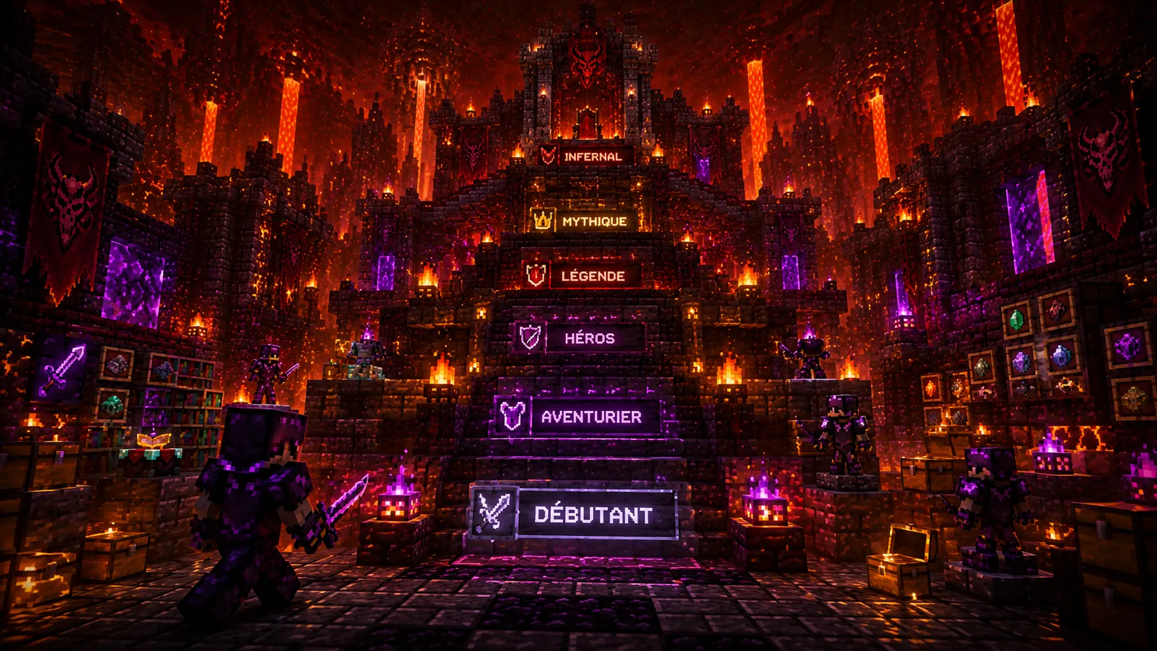 Escalier monumental de pierre noire dont les marches portent les paliers de progression du serveur, de Débutant à Infernal, dans une salle du Nether.