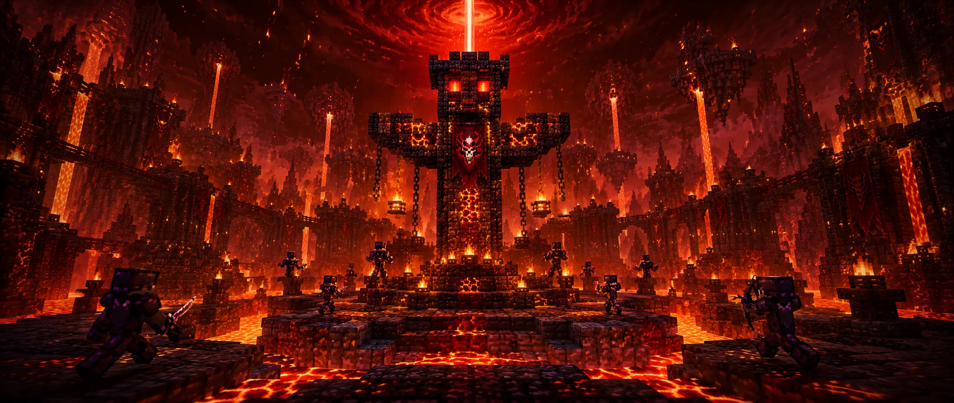 Totem monumental de pierre noire veinée de lave, dressé au centre d'une arène du Nether et projetant un faisceau lumineux vers un vortex rouge, entouré de joueurs en armure.